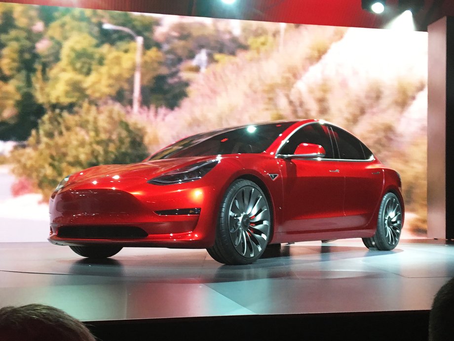 A Tesla Model 3 sedan during its launch in Hawthorne, California, on March 31.