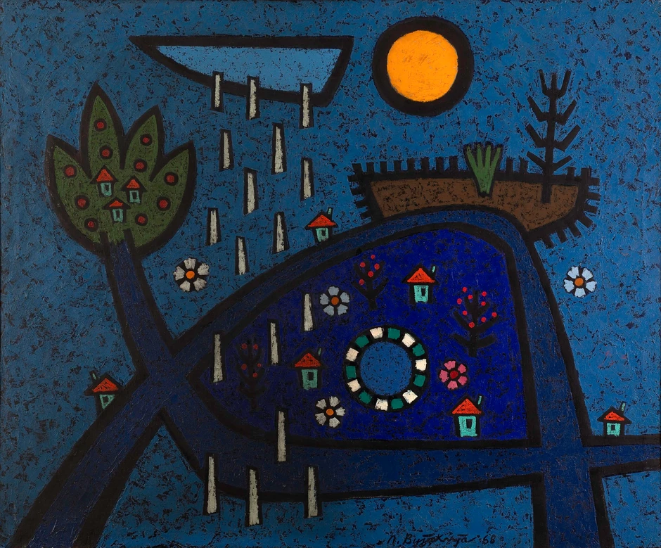 Јagnje, selo i sunce, 1968, ulje na platnu, 115х140 cm , Zadužbina Branka Ćopića u SANU