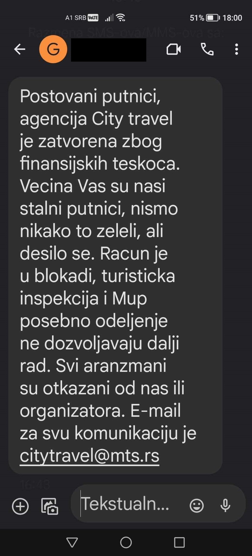 Poruka koju su primili klijenti turističke agencije