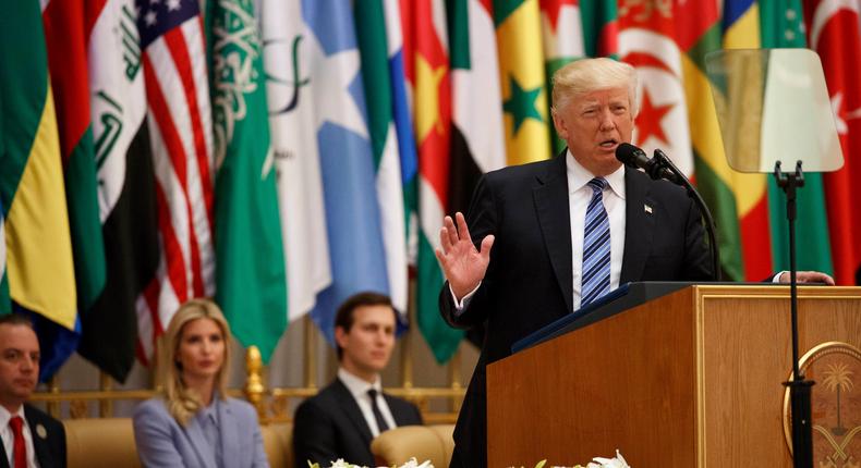 President Donald Trump delivers a speech to the Arab Islamic American Summit, at the King Abdulaziz Conference Center, Sunday, May 21, 2017, in Riyadh, Saudi Arabia. From left, White House Chief of Staff Reince Priebus, Ivanka Trump, White House senior adviser Jared Kushner.