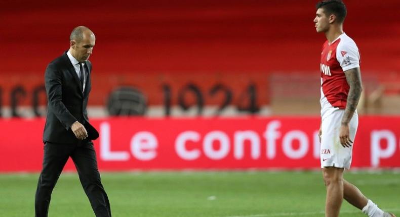 Leonardo Jardim (L) trudges off the pitch at the end of Monaco's defeat against Angers on Tuesday