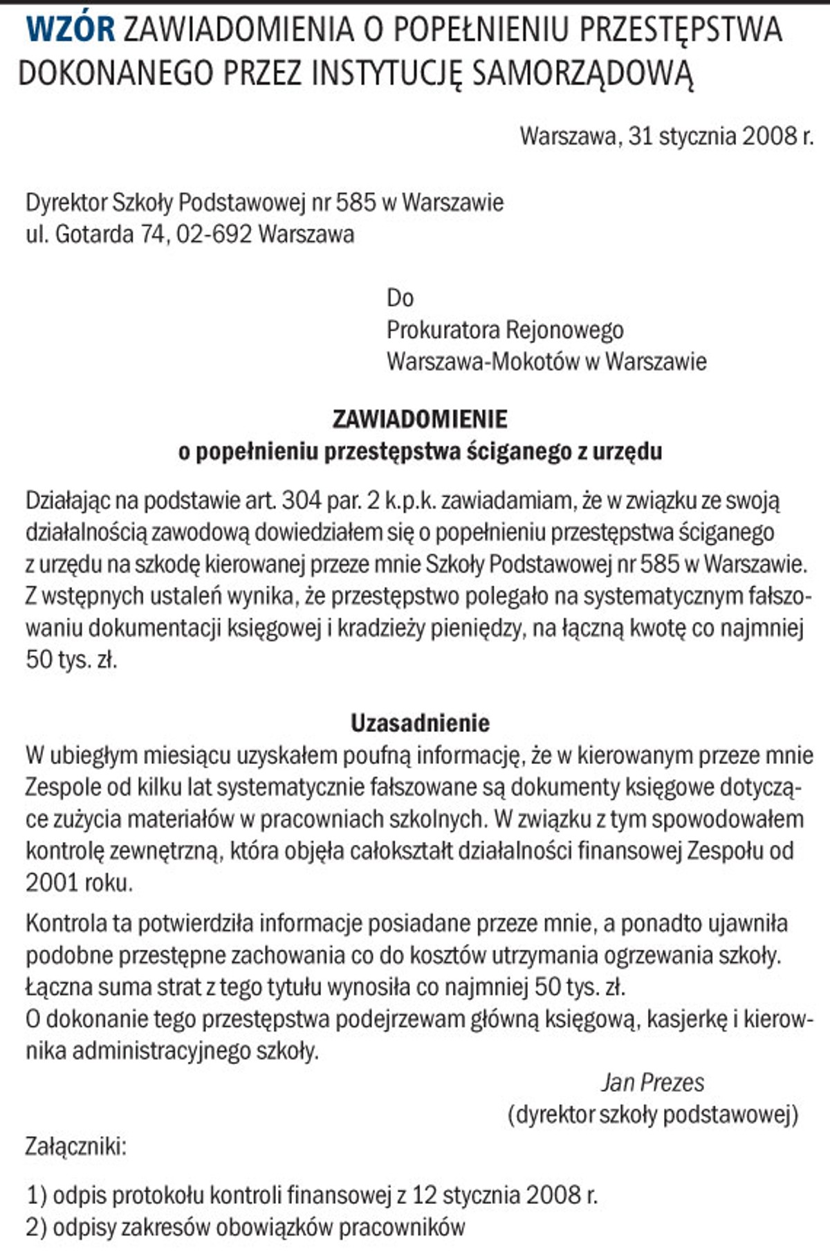 Wzór zawiadomienia o popełnieniu przestępstwa dokonanego przez instytucję samorządową
