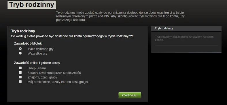 Tryb rodzinny pozwala nam kontrolować treści, do których dostęp poprzez konto Steam mają nasze dzieci