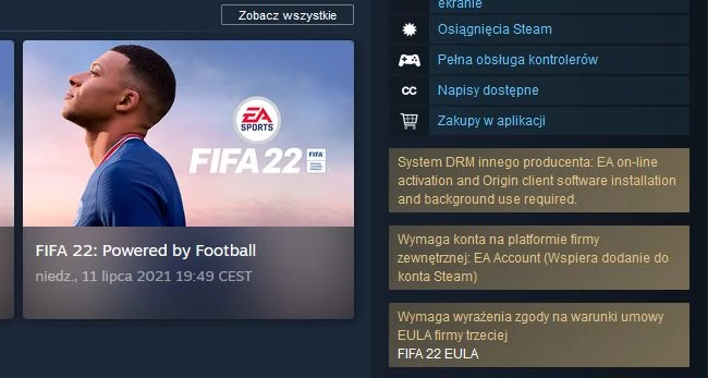 Jak widzicie na stronie gry na Steamie nie ma już wzmianki zaledwie o jednej aktywacji gry na PC