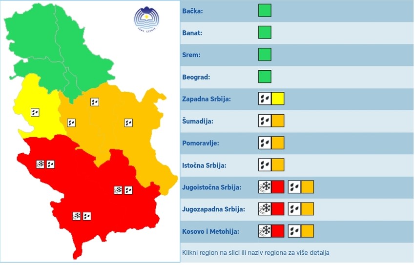 Meteoalarm RHMZ za četvrtak