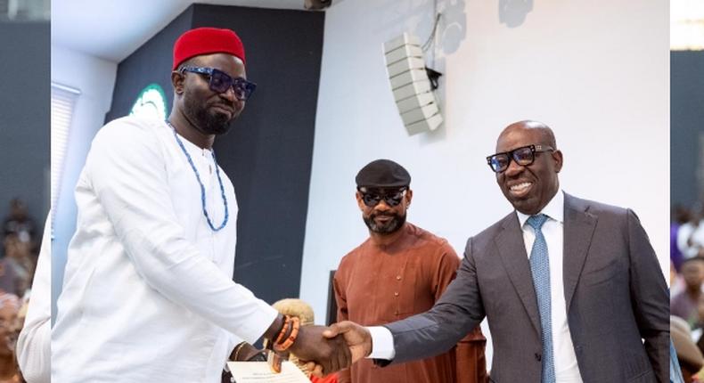 Edo State Governor, Godwin Obaseki (R), congratulates his new deputy, Omobayo Godwins (L), in Benin City, the state capital, on Monday, April 8, 2024 in the presence of admirers . [Channels TV: