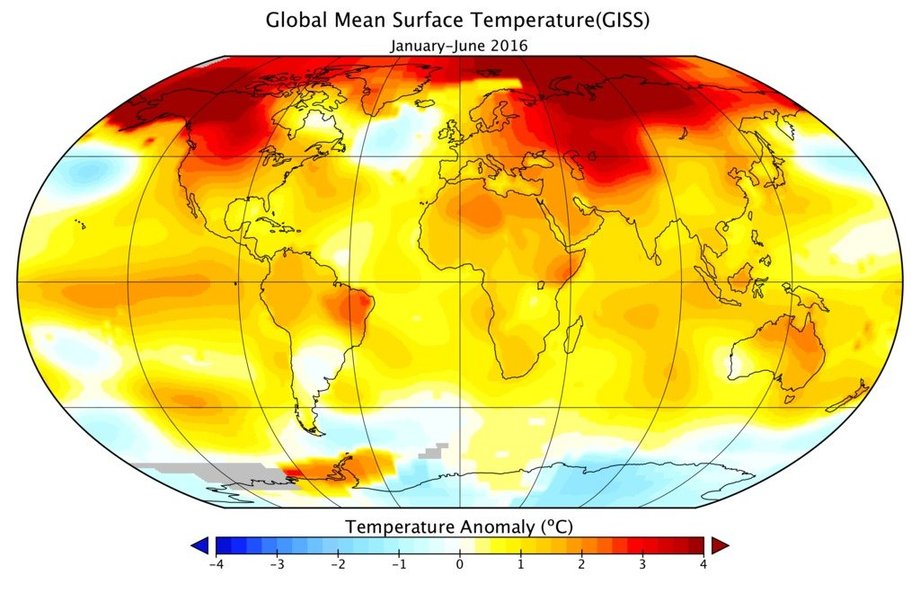 Mapa pokazująca średnią temperaturę powierzchni na świecie w I półroczu 2016 roku