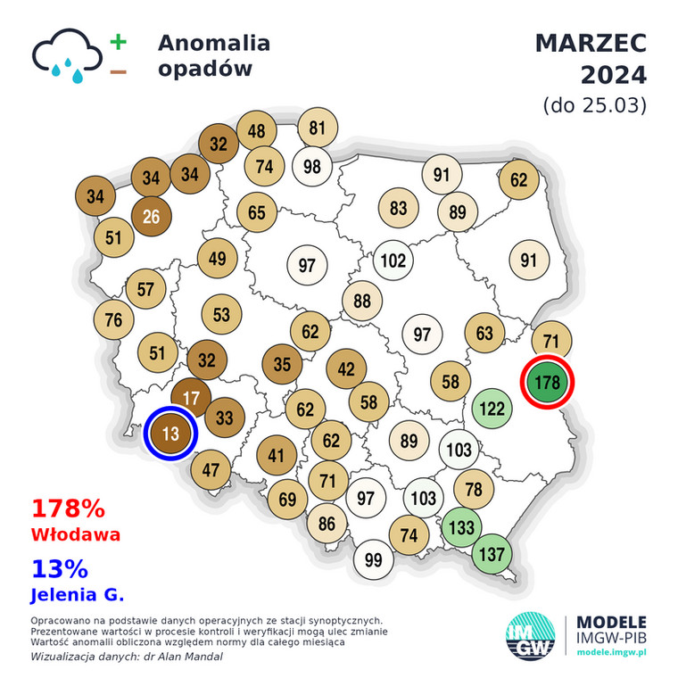 Anomalia opadów w Polsce w marcu (do 25.03)