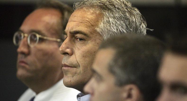 FILE- In this July 30, 2008 file photo, Jeffrey Epstein appears in court in West Palm Beach, Fla. Epstein has died by suicide while awaiting trial on sex-trafficking charges, says person briefed on the matter, Saturday, Aug. 10, 2019. (AP Photo/Palm Beach Post, Uma Sanghvi, File)