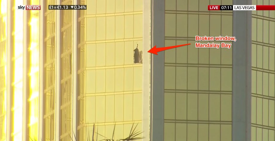 A broken window on a high floor of the Mandalay Bay Resort and Casino, broadcast by Sky News.