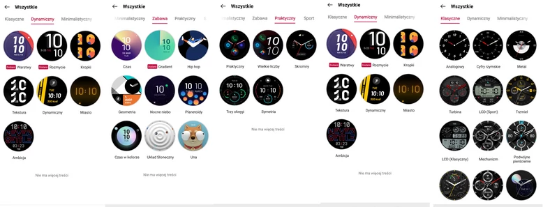 Tarcze dostępne w aplikacji OnePlus Health, które można wgrać do pamięci zegarka i używać. 