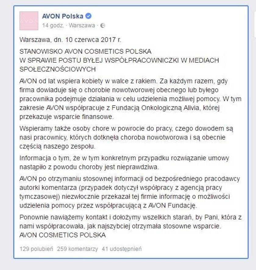 Firma Avon zwolniła chorą na raka Patrycję Frejowską