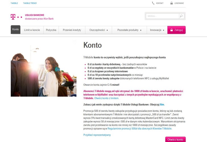 T-Mobile Usługi Bankowe (wcześniej Alior Sync) to internetowy bank nowej generacji, który na rynku zadebiutował w ubiegłym roku i od razu zdobył zaufanie wielu klientów. Od początku swojego istnienia oferuje konto osobiste wraz z kartą debetową całkowicie bezpłatnie. Darmowe są również przelewy internetowe. Co ciekawe, T-Mobile Usligi Bankowe oferuje możliwość wykonania w miesiącu bezpłatnie także 10 przelewów natychmiastowych. Bezpłatne są też wypłaty ze wszystkich bankomatów.