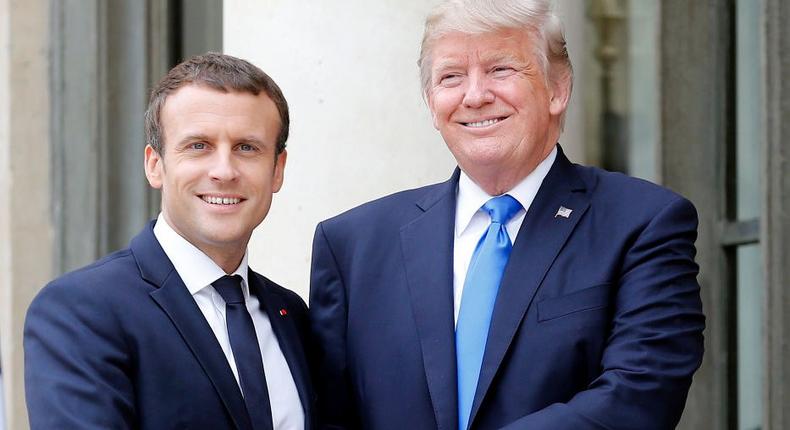 French President Emmanuel Macron welcomes US President Donald Trump prior to a meeting at the Elysee Presidential Palace on July 13, 2017 in Paris, France.