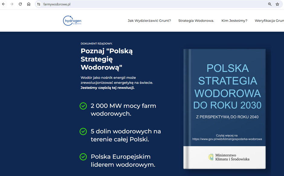 Zrzut ekranu strony internetowej farmywodorowe.pl nawiązujący do PSW.