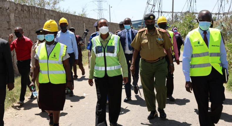 Energy CS Monica Juma accompanied by Interior PS Major General (Rtd) Gordon Kihalangwa, Deputy Inspector General of Police Noor Gabow and Ag Kenya Power CEO Engineer Rosemary Oduor during an inspection of collapsed Imara Daima transmission line on January 14, 2022