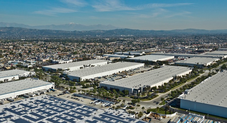 An aerials shows a warehouse in Santa Fe Springs CA with a solar array.Steve Proehl/Getty Images