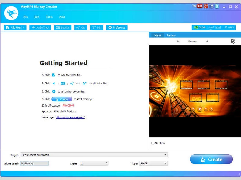 Główne okno programu do tworzenia filmów Blu-Ray - AnyMP4 Blu-ray Creator