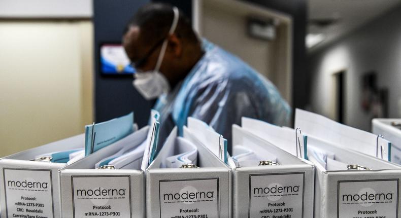 Biotechnology company Moderna protocol files for COVID-19 vaccinations are kept at the Research Centers of America in Hollywood, Florida, on August 13, 2020.
