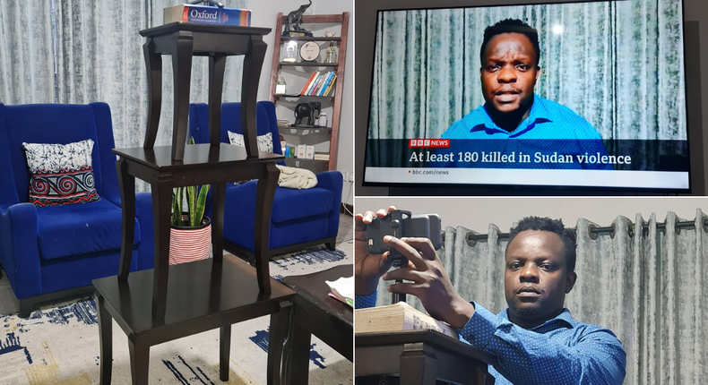 BBC TV presenter Ferdinand Omondi uses stools as tripod during live bulleting