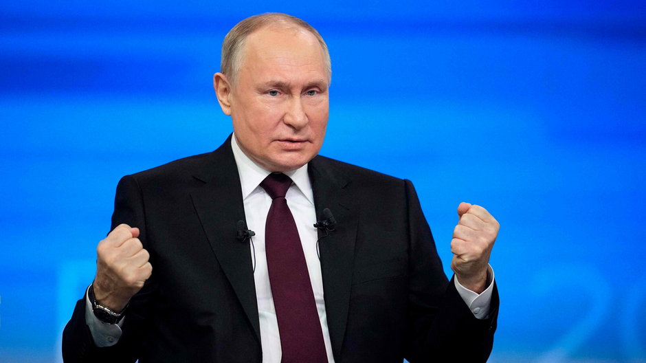 Prezydent Rosji Władimir Putin podczas konferencji prasowej w Moskwie, 14 grudnia 2023 r.