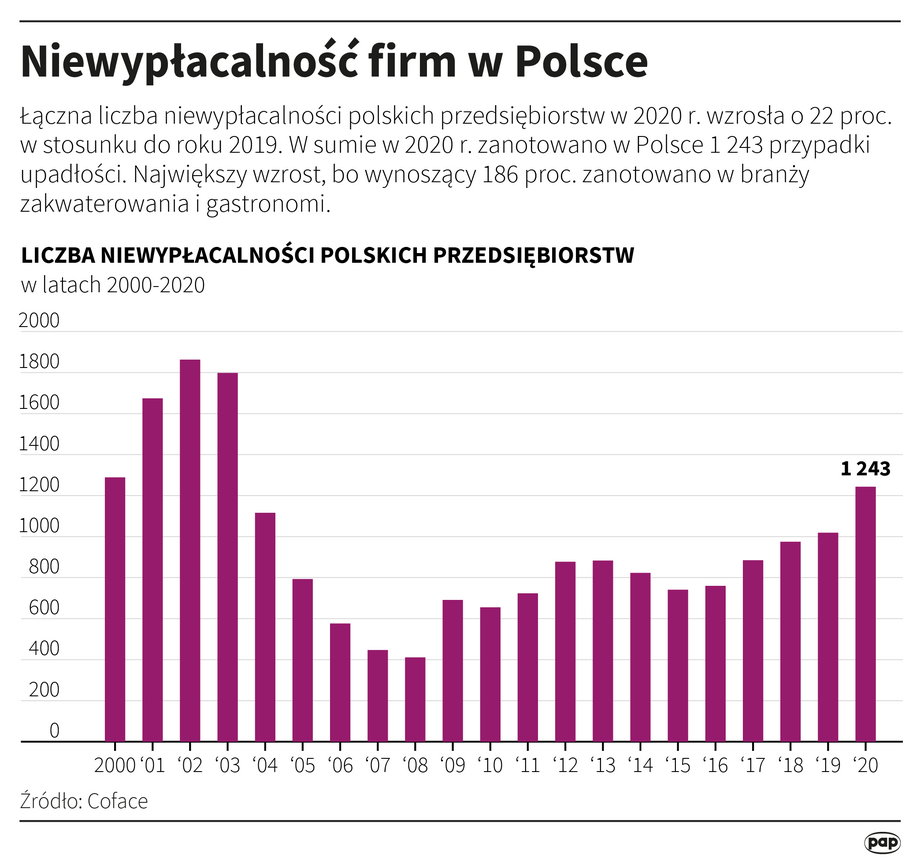 Łączna liczba niewypłacalności polskich przedsiębiorstw w 2020 r. wzrosła o 22 proc. w stosunku do roku 2019. W sumie w 2020 r. zanotowano w Polsce 1 tys. 243 przypadki upadłości - informuje w raporcie Coface. Największy wzrost, bo wynoszący 186 proc. zanotowano w branży zakwaterowania i gastronomi.
