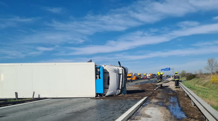 Élelmiszert szállító kamion borult fel az M4-esen/ Fotó: Baleset-info.hu