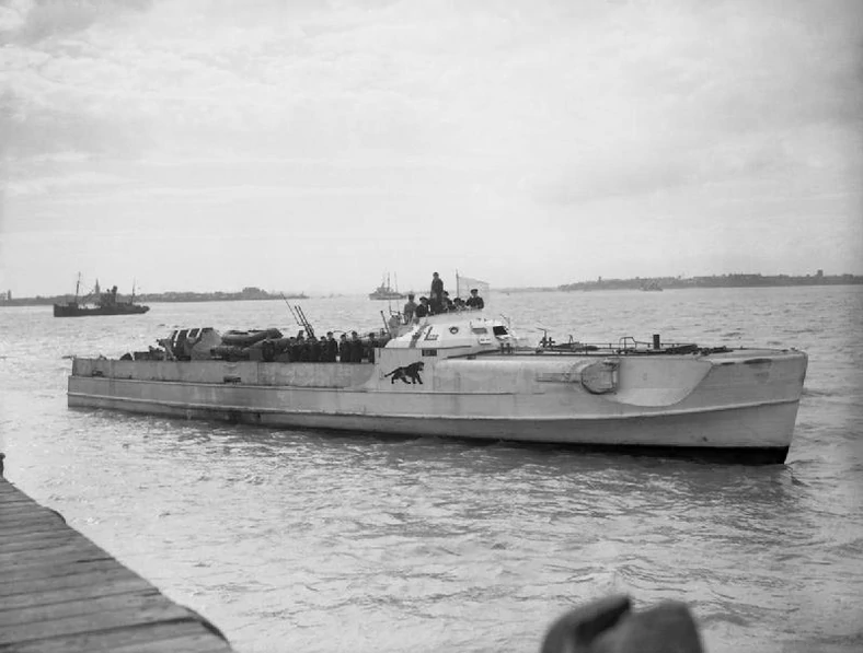 E-boat (lub z niemieckiego S-boot) z wywieszoną białą flagą. Tego typu jednostka zaatakowała siły amerykańskie podczas ćwiczeń Tiger
