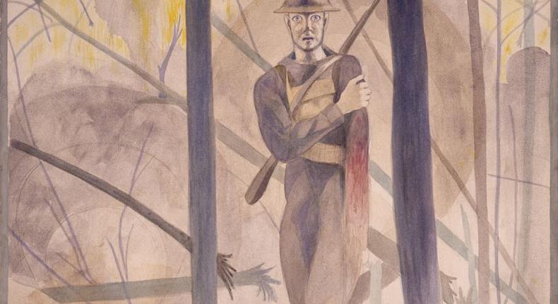Runner Through the Barrage, Bois de Belleau, Château-Thierry Sector; His Arm Shot Away, His Mind Gone (1919) by Claggett Wilson