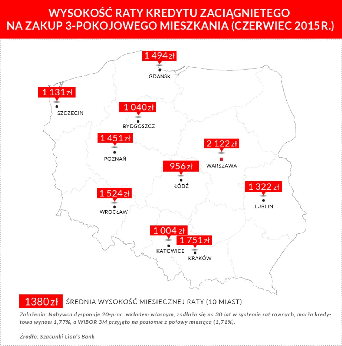 Wysokość raty kredytu na 3-pokojowe mieszkanie - MAPA