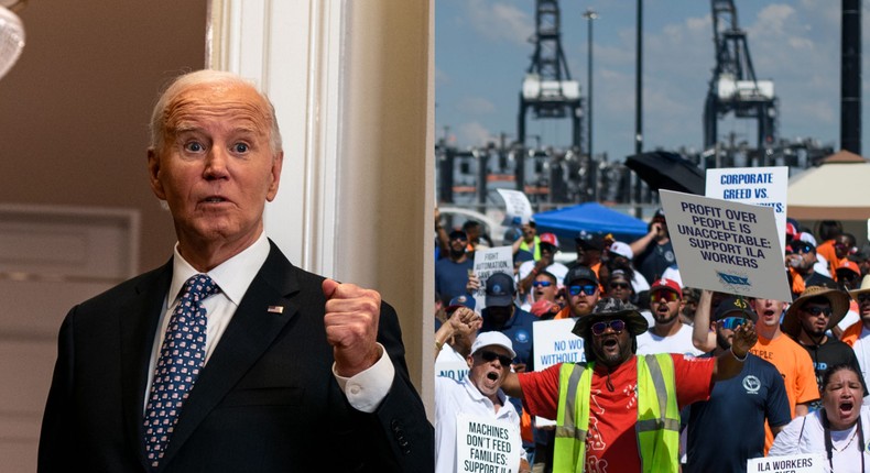 President Biden and other top aides called on port companies to negotiate fair deals for striking dockworkers, and warned against profiting off the strike.Kent Nishimura/Mark Felix/Getty Images