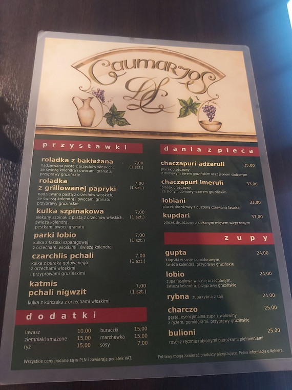 Menu restauracji Gaumarjos