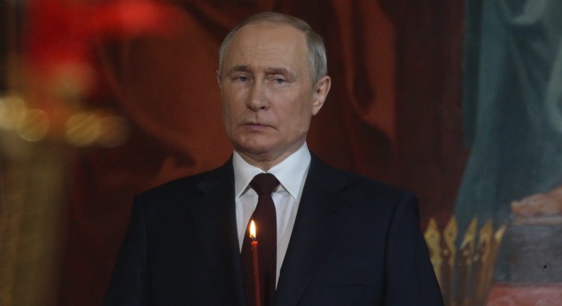 Russian President Vladimir Putin at an Orthodox Easter mass in Moscow, Russia, on April 24, 2022.