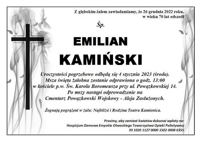 Informacje o pogrzebie Emiliana Kamińskiego (nadesłane przez Teatr Kamienica)