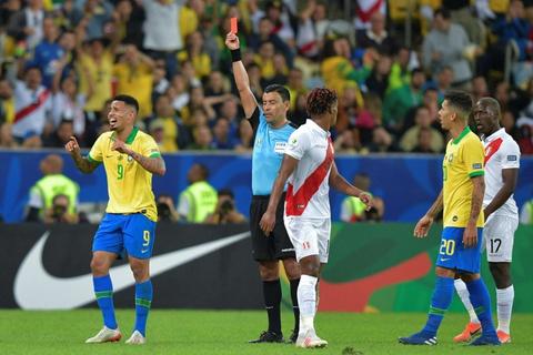 Brazil's Gabriel Jesus is distraught after seeing red in Brazil's 3-1 Copa America final victory over Peru