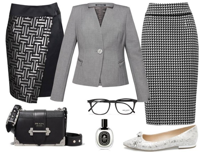 Srebro na wiosnę. STYLIZACJA: żakiet-Dziekański/dziekański.pl, spódnica-Midori Feminine Fashion, spódnica w pepitkę-More Moi/moremoi.pl, buty-Caprice/caprice.pl