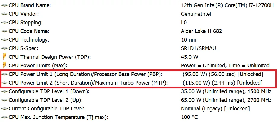 Acer Nitro 5 (AN515-58) – konfiguracja limitów mocy Intel Core i7-12700H w trybie Wydajność