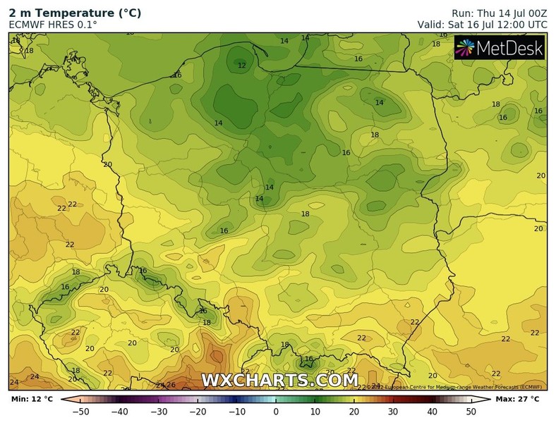 W czasie występowania opadów temperatura spadnie grubo poniżej 20 st. C