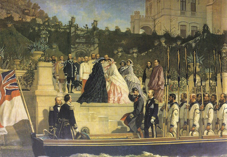 Cesarzowa Elżbieta (stoi w czarnej sukni) w czasie podróży w rezydencji arcyksięcia Maksymiliana w Miramare