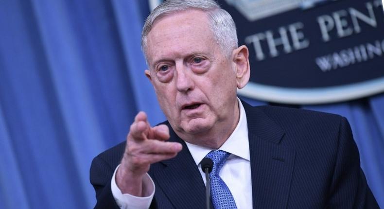 US Secretary of Defense James Mattis takes questions during a briefing at the Pentagon in Washington, DC on April 11, 2017