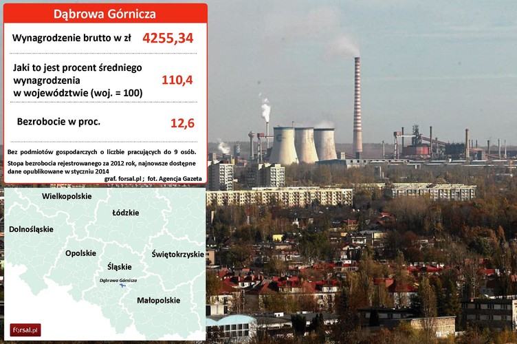 11. Dąbrowa Górnicza Główną gałęzią przemysłu w powiecie jest górnictwo, czyli branża, która ma jedną z najwyższych średnich pensji w Polsce (6650 zł w 2012 roku). W Dąbrowie Górniczej mieści się także największa w Polsce huta stali ArcelorMittal Poland oddział Dąbrowa Górnicza (dawna Huta Katowice), Koksownia Przyjaźń, Huta Bankowa oraz huta szkła należąca do koncernu Saint-Gobain. Na zdjęciu: Huta Katowice, Dąbrowa Górnicza