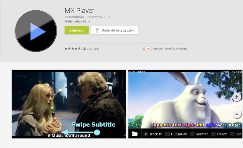 <b>MX Player</b>
<br><br>
Bez wątpienia najlepszy odtwarzacz plików wideo na urządzenia mobilne. Radzi sobie z większością formatów i nie ma najmniejszych problemów z przetwarzaniem filmów w jakości 1080p. Obsługuje również najpopularniejsze formaty napisów.
<br><br>
<b>Cena: bezpłatne</b>