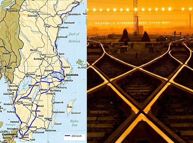 Nasz północny sąsiad posiada już sieć szybkiej kolei, ale o ograniczonej prędkości – do 200 km/h. Niektóre odcinki mogą zostać ulepszone do standardu, który umożliwiałby pociągom rozwijanie prędkości do 250 km/h. Obecnie toczy się w Szwecji dyskusja nad tym, czy ulepszać istniejące linie do standardu prędkości 250 km/h, czy też może budować od nowa linie kolejowe, po których pociągi mogłyby się poruszać z prędkością od 280 do 320 km/h. Nowe linie miałyby połączyć stolicę kraju – Sztokholm – ze zlokalizowanym na zachodnim wybrzeżu Gothenburgiem oraz Jönköping, Malmö ze stolicą Danii – Kopenhagą. Na slajdzie: Sieć połączeń kolejowych w Szwecji, które umożliwiają prędkość do 200 km/h. Źródło: Wikimedia Commons.