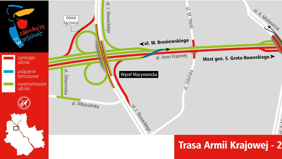 Jeszcze dziś kierowcy wrócą na zachodni wiadukt w ciągu ulic Marymonckiej i Słowackiego, nad Trasą Armii Krajowej w Warszawie. Zakończone tam już zostały główne prace remontowe. Podpowiadamy, jak zmieni się organizacja ruchu w tym miejscu.