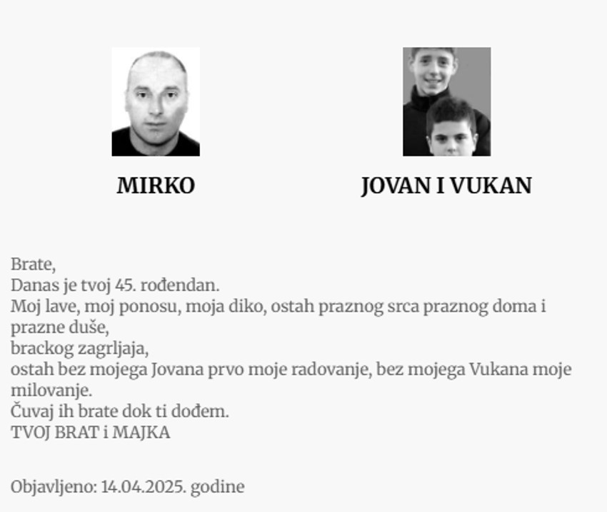 Čitulja za Mirka, Jovana i Vukana