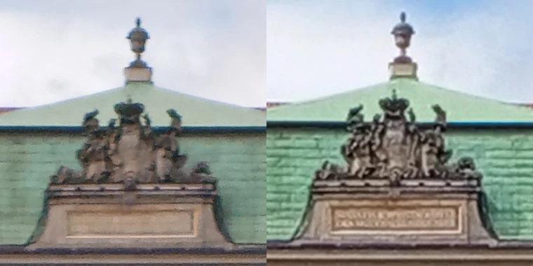 Wycinki w skali 1:1 z powyższych zdjęć, przy czym obraz 12 MP (po prawej) został dla ułatwienia porównania programowo przeskalowany do rozdzielczości 50 MP