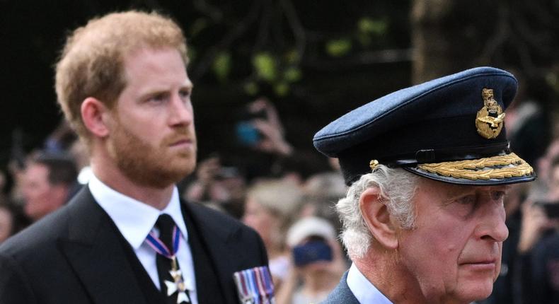 Charles III and Prince Harry, Duke of Sussex, during the Queen's funeral procession in London on September 14, 2022.LOIC VENANCE/AFP via Getty Images
