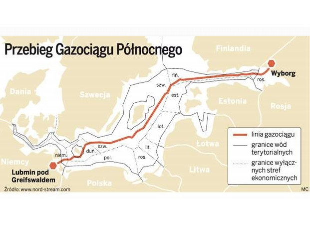 Gazociąg Północny - mapa przebiegu przez Morze Bałtyckie
