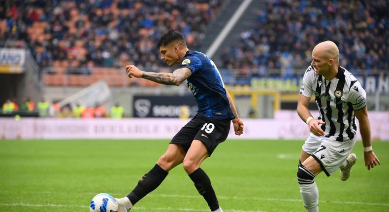 Inter Milan's Argentine forward Joaquin Correa scoring against Udinese Creator: Marco BERTORELLO