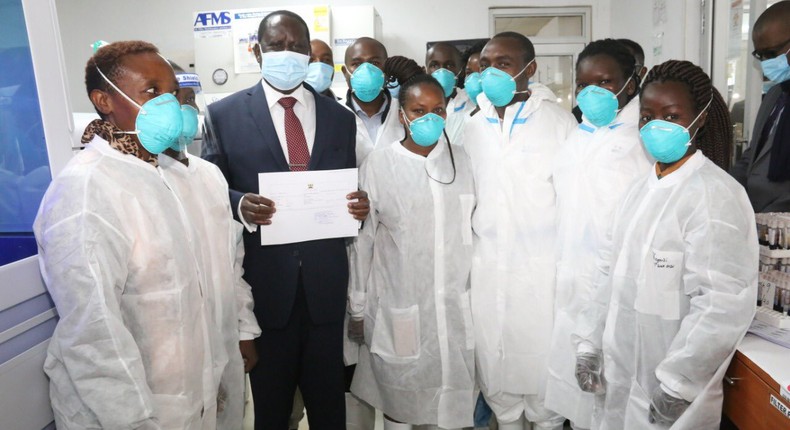 Former Prime Minister Raila Odinga after he received back his results from a Covid-19 test at the Kemri labs